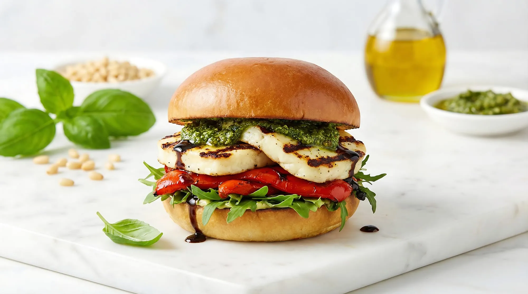 Burgare med grillad halloumi, pesto och rödpeppar